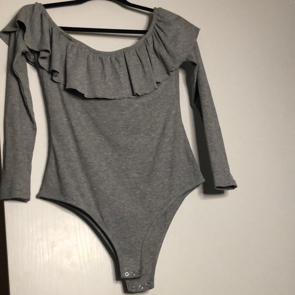 Atmosphere Gray Off-Shoulder Ruffle Bodysuit